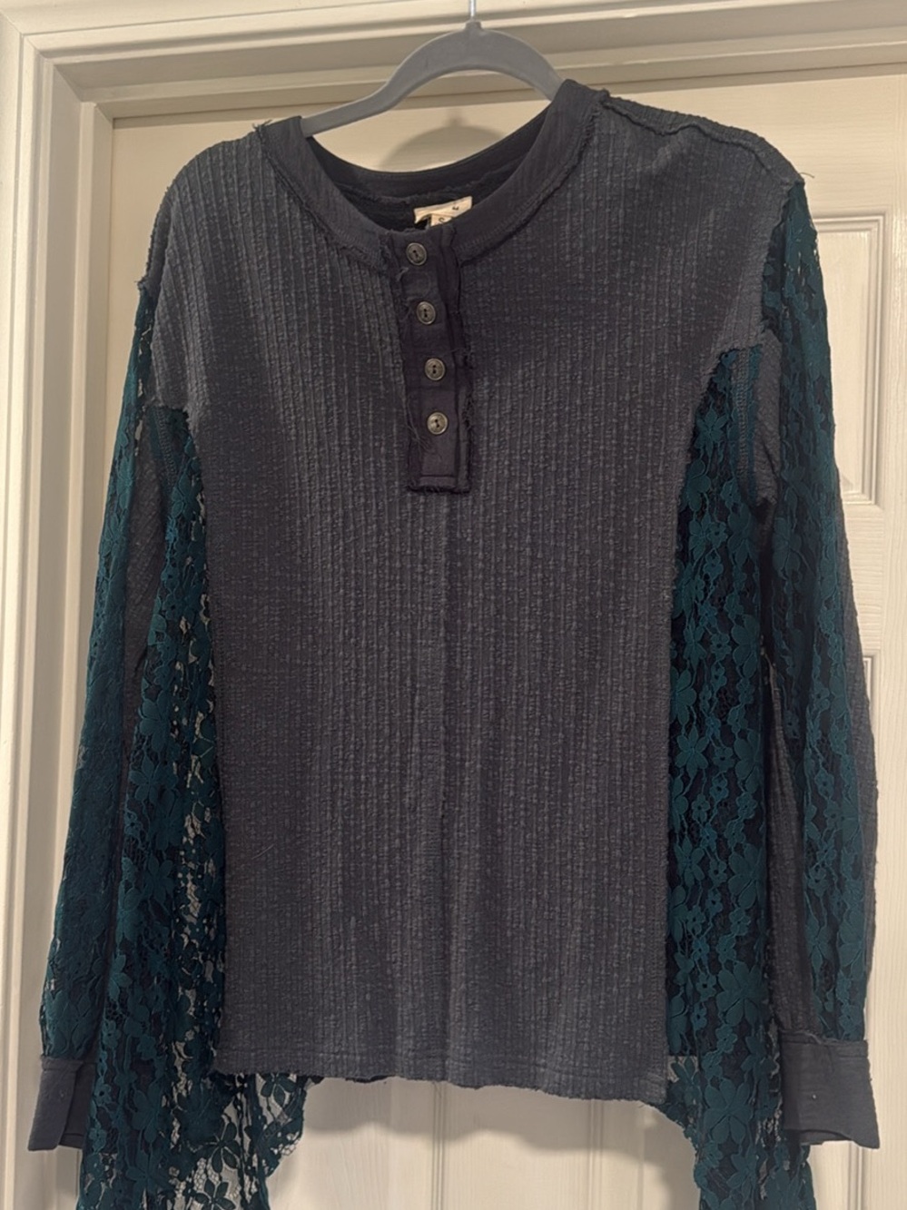 POL Dark Grey Ribbed Henley with Teal Lace Long Sleeves